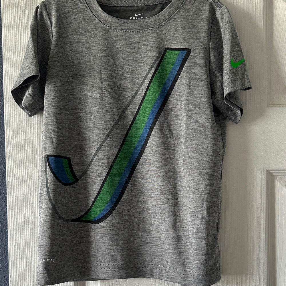 Nike Kids Gray Tee with Blue and Green Stripe